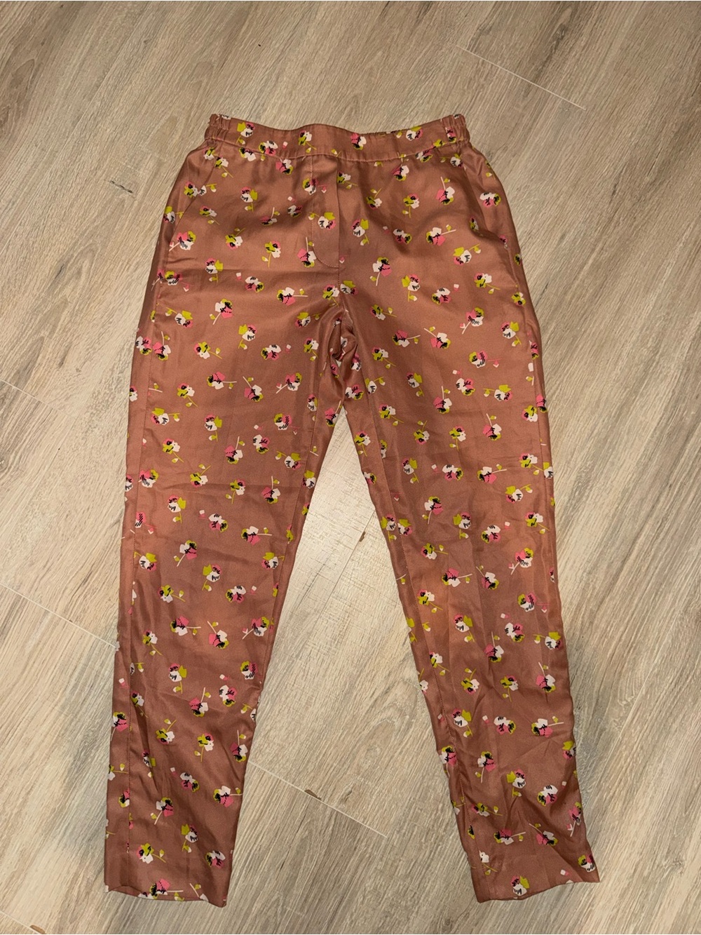 J. Crew Rust Pink & Yellow Floral Satin style Pants